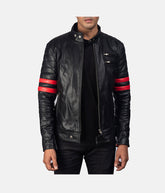 Men's Red Stripes Black Biker Jacket